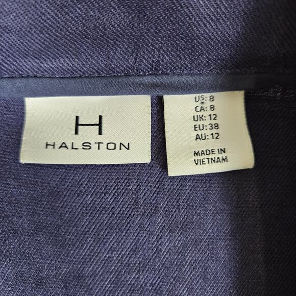 HALSTON Stretch Linen Shirt Dress 8 M Navy Blue Tie Belt Coastal Preppy Pockets - Picture 13 of 16